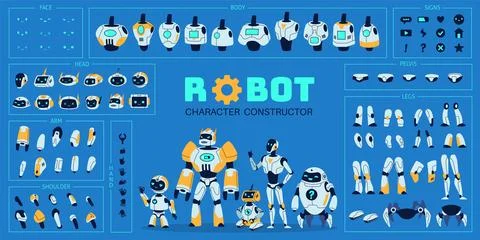 Robot elements kit. Cute cyborg character and different replacement parts, heads Illustrazione stock