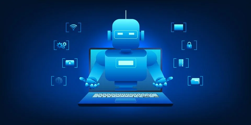 Robot emerging from the laptop represents the arrival of artificial intelli.. Stockillustratie
