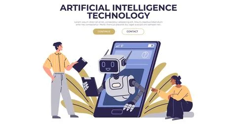 Robot emerging from smartphone interacts with people. One holds clipboard, ot Stock Illustration