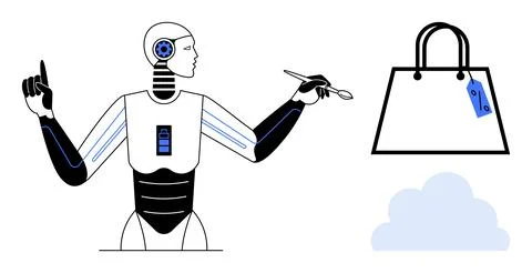 Robot Engaged in Digital Shopping Concept with Shopping Bag and Cloud Symbol Stockillustratie