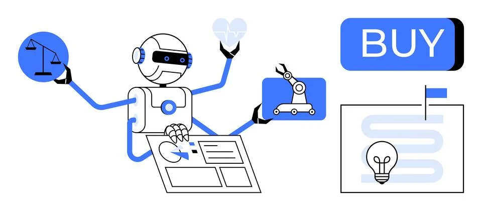 Robot engaging in multitasking activities including data analysis, heart, b.. Stockillustratie