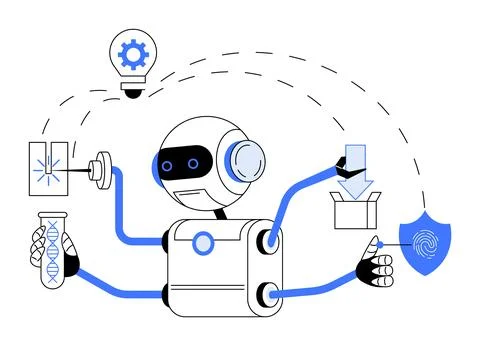 Robot Engaging in Various Scientific and Technological Activities with AI C.. 스톡 일러스트
