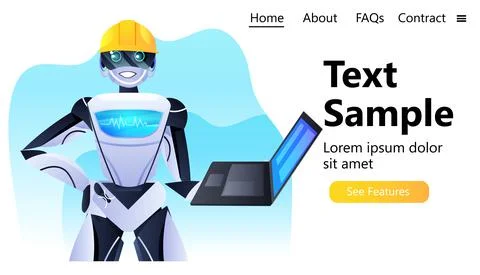 Robot engineer in helmet using laptop modern robotic character artificial 스톡 일러스트