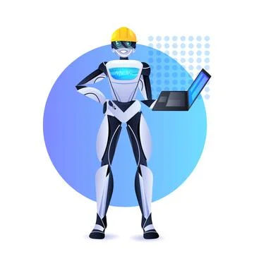 Robot engineer in helmet using laptop modern robotic character artificial Stock Illustration