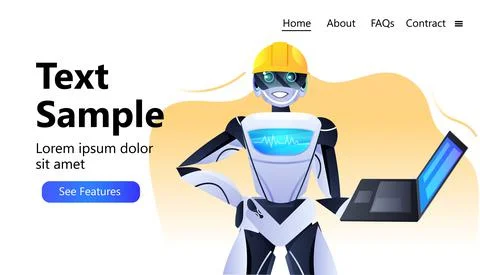 Robot engineer in helmet using laptop modern robotic character artificial Stock Illustration