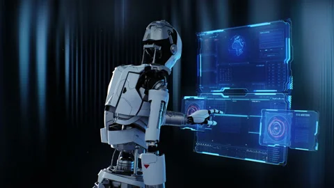 Robot entering code into futuristic computer Stock Footage 151042287