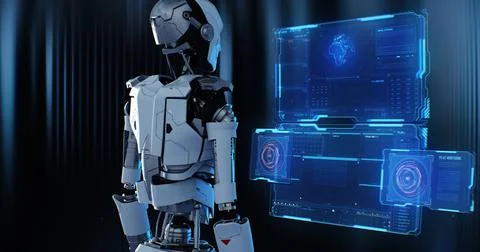 Robot entering code into futuristic computer Stockillustratie