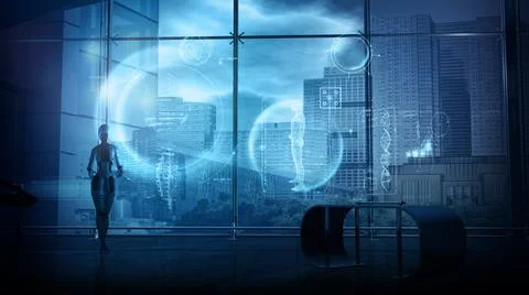 The robot examines the data on the structure of the DNA, 3D render. Stock Illustration