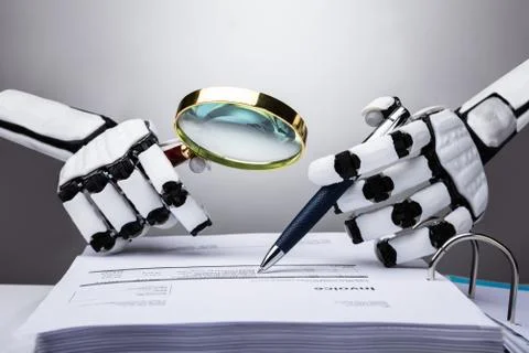 Robot Examining Invoice Stockfoto's