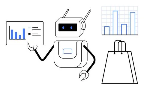 Robot examining a report with charts, bar graph, and a shopping bag. Ideal fo Illustrazione stock