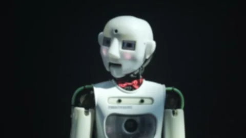 Robot Exhibition. Robot Assistant. Concept of interaction between robot and Stock Footage 313647387