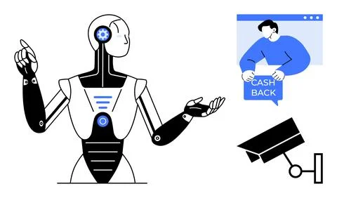 Robot Explaining Online Cashback and Security Camera Monitoring Concepts Stock Illustration
