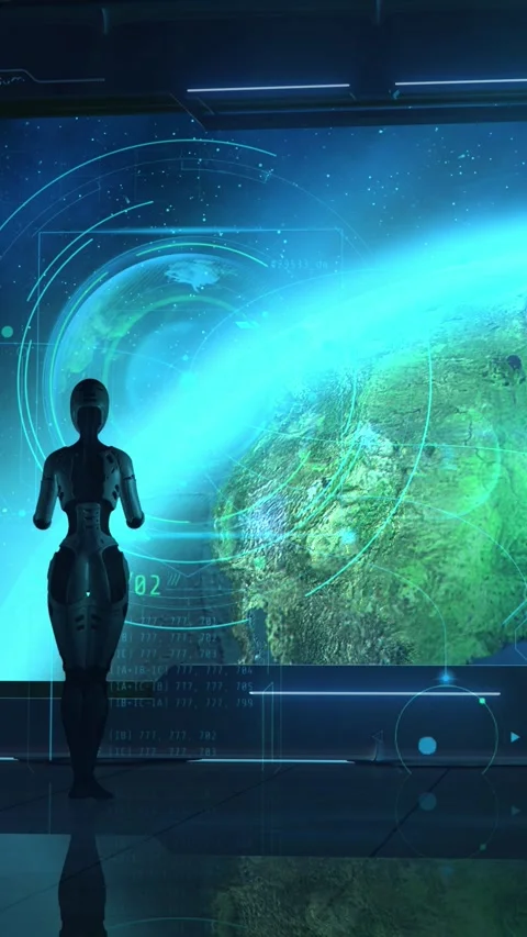 The robot explores the Earth from orbit, 3D render. Stock Footage 265852192