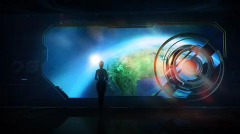 The robot explores the Earth from orbit, 3D render. Stock Illustration