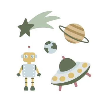 Robot exploring space with spaceship, planets, and shooting star Stock Illustration