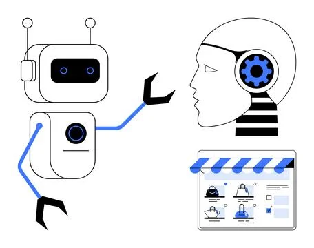 Robot extending mechanical arm towards human head with gear mechanism, online Illustrazione stock