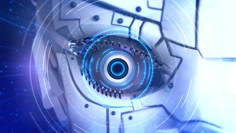Robot Eye digital interface Technology Futuristic Data in Eye Holographic Macro Stock Footage 333970489