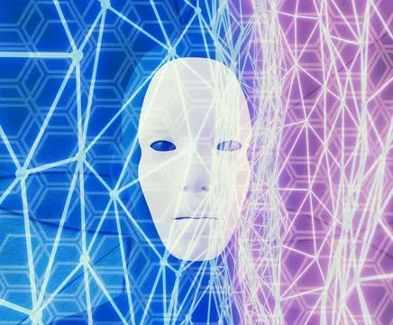 Robot face and neon mesh, artificial Intelligence concept, 3d illustration Stock Illustration