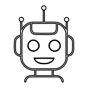 Robot Face Icon. Black and white line drawing of a friendly AI head Stock Illustration