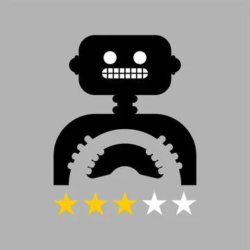 Robot face with a star rating below, symbolizing AI performance evaluation,.. Illustrazione stock