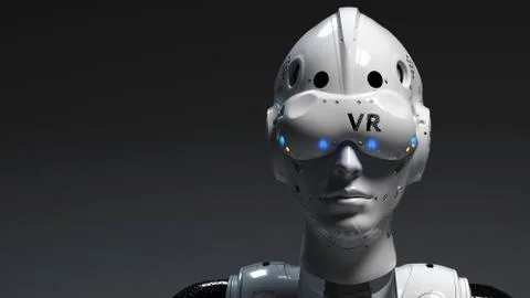 Robot face with VR glasses. Stock Photos