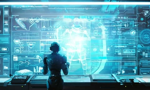 A Robot Facing A Huge Screen Stock Footage 294669700