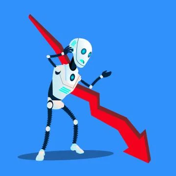 Robot With Falling Down Decreasing Business Trend Chart Vector. Isolated 库存插图