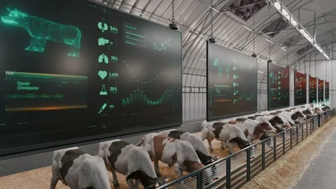 The robot farmers 3D Concept. AI Robot Feeds Cows on Dairy Farm. Free stall barn Stock Footage 320903045