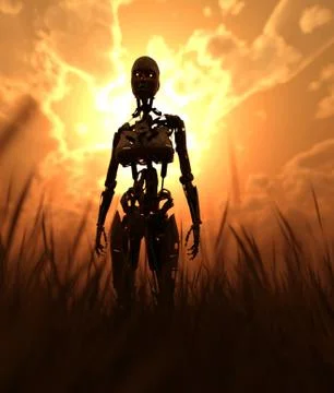 Robot in field with sunlight from behind Stock Illustration