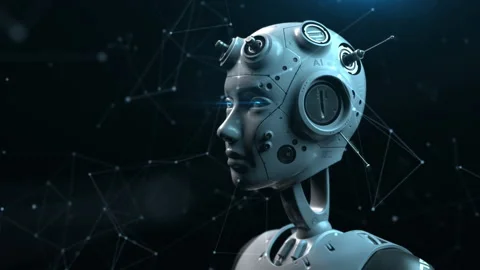 The robot filmed in three quarters observes about what is happening. in the s Video stock 171822997