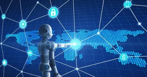 Robot finger pointing at circle pointers, infographic template, artificial in Stock Illustration