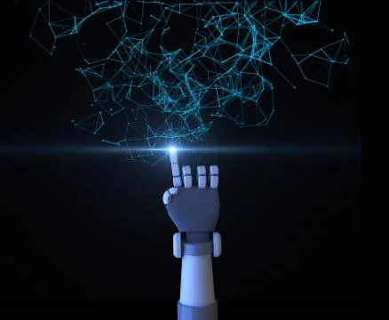 Robot finger pointing with digital data and network connection triangle lines 스톡 일러스트