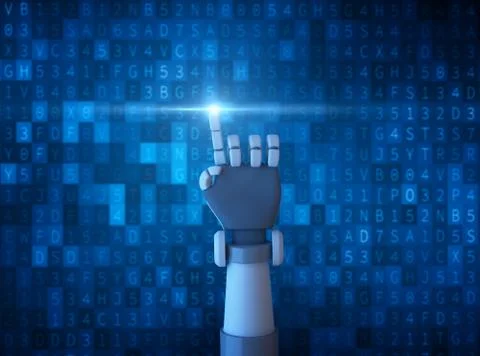 Robot finger pointing with light isolated on computer data code background in Stock Illustration