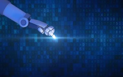 Robot finger pointing with light isolated on computer data code background in Stock Illustration