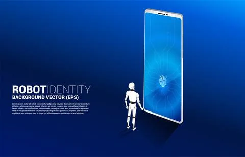 Robot with Finger scan access icon on mobile phone screen. concept of artific Stock Illustration