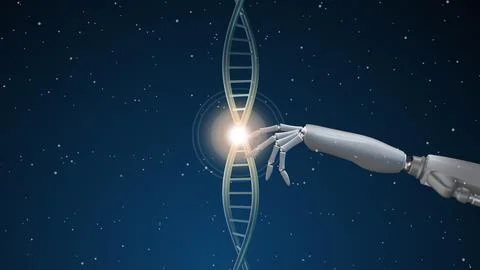 Robot finger touch on glowing sphere of DNA Stock Illustration