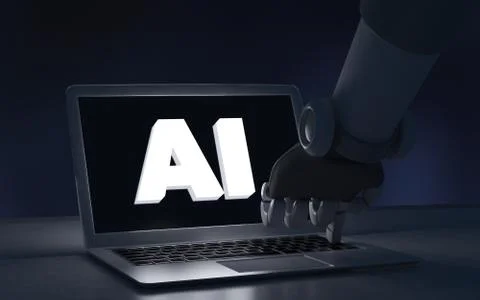 Robot finger touching a laptop computer with AI text. Artificial intelligence Stockillustratie