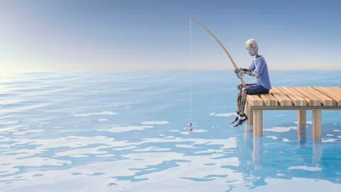 Robot fishing on jetty, 3d rendering Illustrazione stock