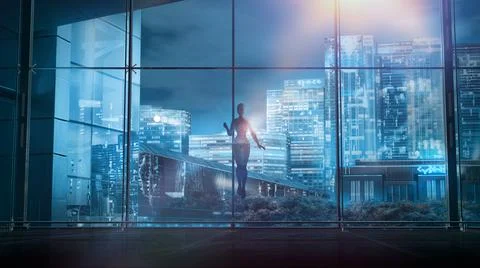 Robot floating in the air in the office overlooking the night city, 3D render. Stock Illustration