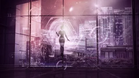 A robot floating in the air is working with data, 3D render. Stock Illustration