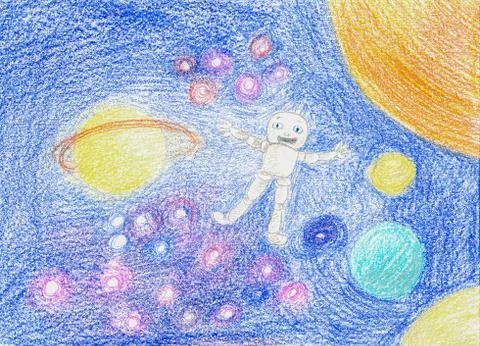 Robot Floating in Space Kiddy Hand Drawing Stock Illustration