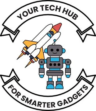 A robot is flying a rocket and the logo says "Your Tech Hub" for smarter ga.. Stock Illustration