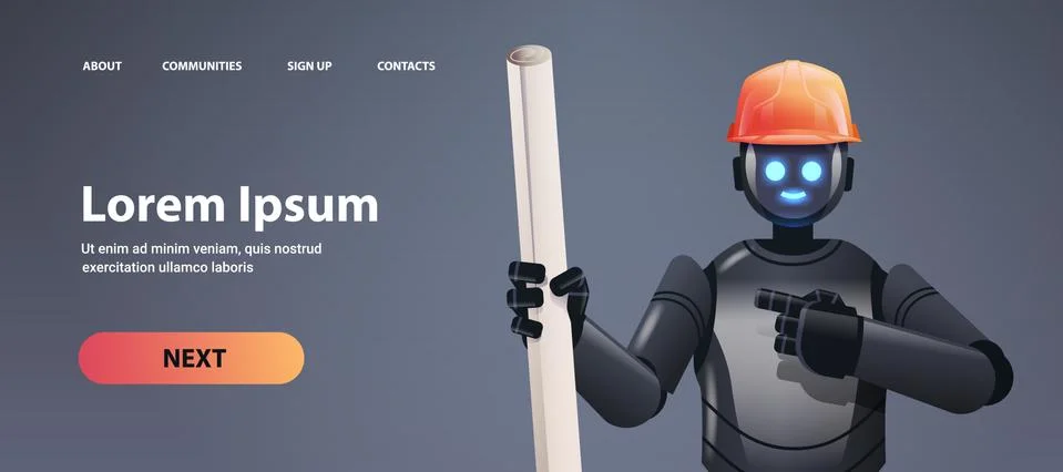 Robot foreman engineer in hardhat holding drawings robotic architect with Stock Illustration