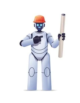 Robot foreman engineer in hardhat holding construction drawings modern robotic Stock Illustration