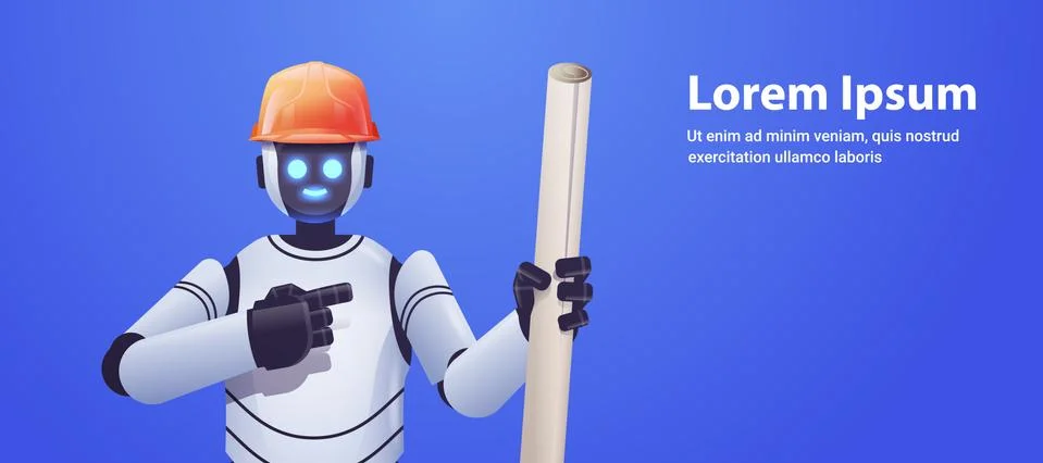 Robot foreman engineer in hardhat holding construction drawings modern robotic Illustrazione stock