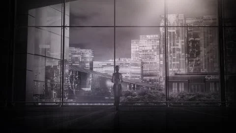 Robot in front of a panoramic window overlooking the night city, 3D render. Illustrazione stock