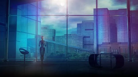 Robot in front of a panoramic window overlooking city buildings, 3D render. Stock Illustration