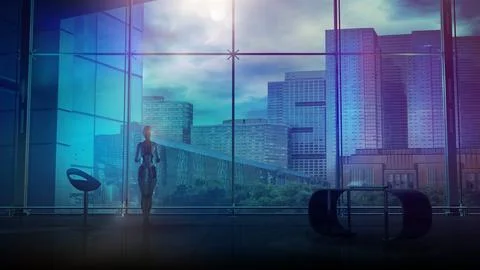Robot in front of a panoramic window overlooking city buildings, 3D render. Stock Illustration