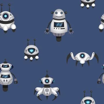 Robot game pattern. Cute kids monsters, baby machine toy, happy retro space c Stock Illustration