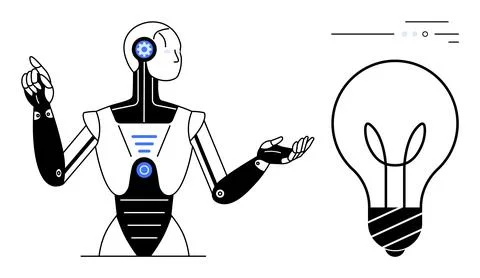 Robot with gears and lights in clear body gestures towards large light bulb.  Stock Illustration